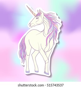 Fashion patch badges with Unicorn with color pink purple mane. Stock line vector illustration.