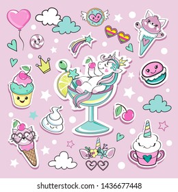 Fashion patch badges with a unicorn, a cute cat and sweets in the style of kawaii on a pink background