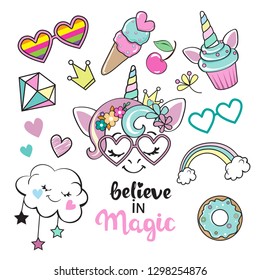Fashion Patch Badges with unicorn and girl items on a white background