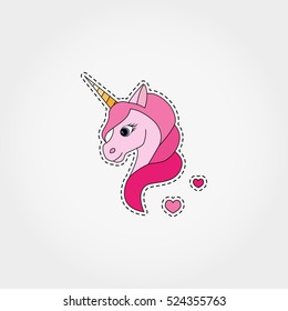 Fashion patch badges with a unicorn. Sticker, pin, patch in cartoon 80s-90s comic style. Vector illustration isolated on white background.