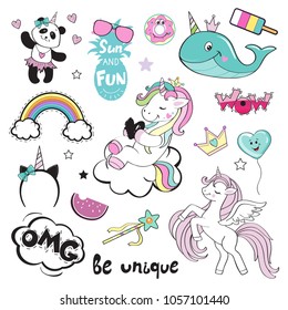 Fashion Patch Badges with unicorn and summer items. Pop art elements