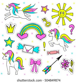Fashion patch badges with unicorn, sun, crown, rainbow, and other elements for girls. Vector illustration isolated on white background. Set of stickers, pins, patches in cartoon 80s-90s comic style.
