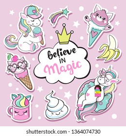 Fashion patch badges with unicorn and sweet kawaii