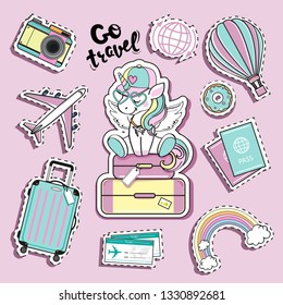 Fashion patch badges with unicorn and travel items