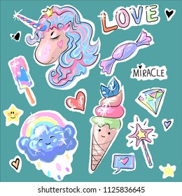 Fashion patch badges with unicorns, hearts, diamond, rainbow and other elements for girls. Vector illustration isolated on white background. Set of stickers, pins, patches in cartoon style