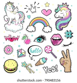Fashion Patch Badges with unicorns, lips, hands and eyes. Pop art elements on a yellow background