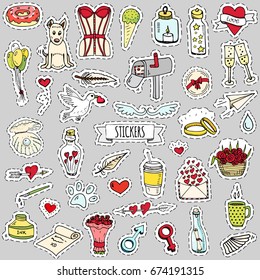 Fashion patch badges. Vector illustration Hand drawn isolated on light background. Set of stickers, pins, patches in cartoon 80s-90s pop-art comic style design Lingerie Flowers Bottle Sparkling Arrow