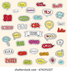 Fashion patch badges. Vector illustration Hand drawn isolated on light background. Set of stickers, pins, patches in cartoon 80s-90s pop-art comic style design. Lettering Boom Yeah Wow Dope Hashtag Ok