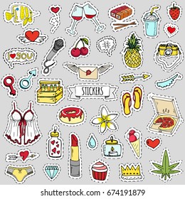 Fashion patch badges. Vector illustration Hand drawn isolated on light background. Set of stickers, pins, patches in cartoon 80s-90s pop-art comic style design Lingerie Beer Pizza Pineapple Heart Love
