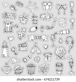 Fashion patch badges. Vector illustration Hand drawn isolated on light background. Set of stickers, pins, patches in cartoon 80s-90s pop-art comic style design Wine Beer Microphone Lingerie Sushi Love