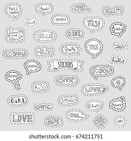 Fashion patch badges. Vector illustration Hand drawn isolated on light background. Set of stickers, pins, patches in cartoon 80s-90s pop-art comic style design. Lettering Boom Yeah Wow Dope Hashtag Ok
