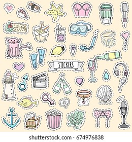 Fashion patch badges. Vector illustration Hand drawn isolated on light background. Set of stickers, pins, patches in cartoon 80s-90s pop-art comic style design Wine Beer Microphone Lingerie Sushi Love