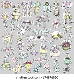 Fashion patch badges. Vector illustration Hand drawn isolated on light background. Set of stickers, pins, patches in cartoon 80s-90s pop-art comic style design Wine Beer Microphone Lingerie Sushi Love