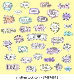 Fashion patch badges. Vector illustration Hand drawn isolated on light background. Set of stickers, pins, patches in cartoon 80s-90s pop-art comic style design. Lettering Boom Yeah Wow Dope Hashtag Ok
