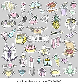 Fashion patch badges. Vector illustration Hand drawn isolated on light background. Set of stickers, pins, patches in cartoon 80s-90s pop-art comic style design Lingerie Beer Pizza Pineapple Heart Love