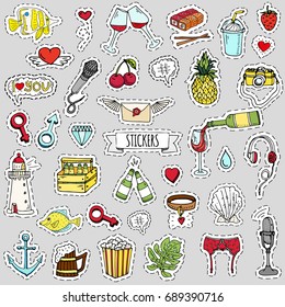 Fashion patch badges. Vector illustration Hand drawn isolated on light background. Set of stickers, pins, patches in cartoon 80s-90s pop-art comic style design Lingerie Beer Pizza Pineapple Heart Love
