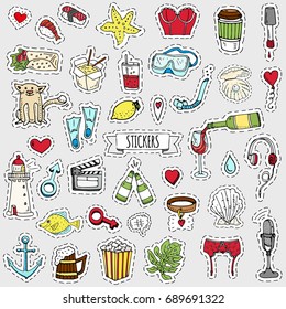 Fashion patch badges. Vector illustration Hand drawn isolated on light background. Set of stickers, pins, patches in cartoon 80s-90s pop-art comic style design Wine Beer Microphone Lingerie Sushi Love