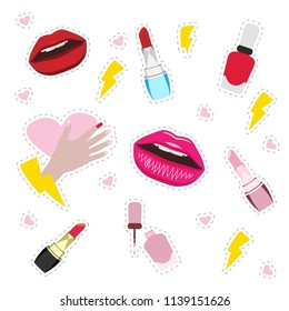 Fashion patch badges and vector stickers. Modern pop art elements. Cosmetics. Lips, nail polish, lipstick.
