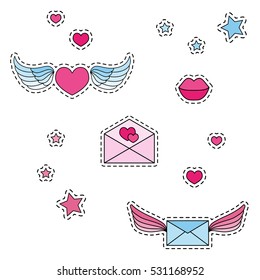 Fashion patch badges. Winged heart, winged mail envelope. Set of stickers, pins, patches in cartoon 80s-90s comic style. Vector illustration isolated on white background.