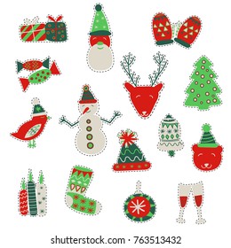 Fashion patch badges for winter holidays with deer, bear, candles, bell, mittens, glasses, bird, cap, candies, santa claus, gifts, christmas tree, stocking and other elements. Vector draw