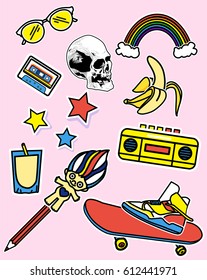 Fashion patch badges with, skull, sunglasses, rainbow, banana, juice, cassette, stars. Vector illustration isolated on pink background. Set of stickers, pins, patches in cartoon 80s-90s comic style.