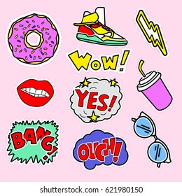 Fashion patch badges with, skull, sunglasses, rainbow, banana, juice, cassette, stars. Vector illustration isolated on pink background. Set of stickers, pins, patches in cartoon 80s-90s comic style.