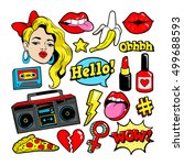 Fashion patch badges with woman, lips, tape recorder and other elements. Vector illustration isolated on white background. Set of stickers, pins, patches in cartoon 80s-90s pop-art comic style.