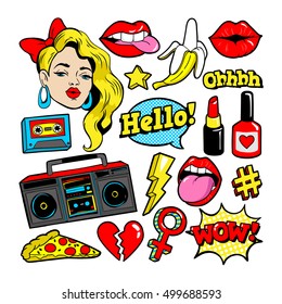 Fashion patch badges with woman, lips, tape recorder and other elements. Vector illustration isolated on white background. Set of stickers, pins, patches in cartoon 80s-90s pop-art comic style.