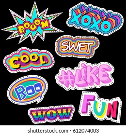 Fashion patch badges with word wow, like, cool, boo,bom, fun, xoxo and other elements. Set of girlish stickers, patches in cartoon isolated on white background