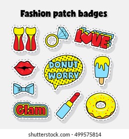 Fashion patch badges with words, hearts, signs, rainbow and other elements for girls. Vector illustration isolated on white background. Set of stickers, pins, patches in cartoon 80s-90s comic style.