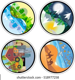 Fashion patch badges. Yin-Yang Set of day and night, winter and summer, desert and sea, town and village