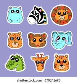 Fashion patch badges with zebra, lion, tiger, monkey, elephant, giraffe and other. Very large set of girlish and boyish stickers, patches in cartoon isolated.Trendy print for backpacks, things,clothes