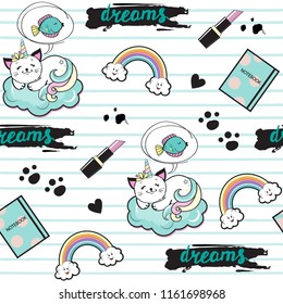 Fashion patch cat unicorn seamless pattern on a white background