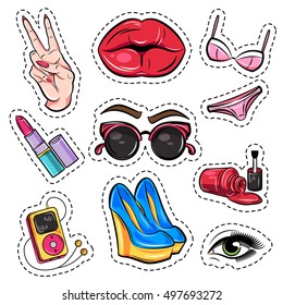 Fashion patch comic style set with female underwear and shoes lipstick and nail varnish isolated vector illustration  