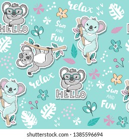 Fashion patch with cute koalas on a blue background seamless pattern
