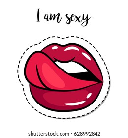 Fashion patch element with quote, I am sexy. Woman lips with tongue vector badge