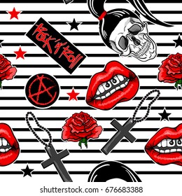 Fashion Patch Pattern With Lips, Skull,cross, Rose, Gun And Other Elements. Vector Illustration.  Pattern Of Stickers, Pins, Patches In Rock’n’roll  Style.