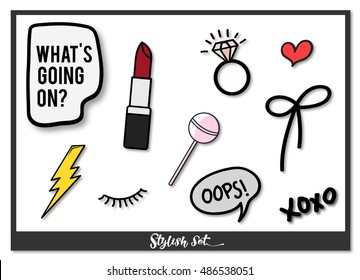 Fashion patch, pin badges set inspried by 80s - 90s comic style with lipstick, hearts, lollipop and other elements, Vector illustration for your fashion trends set of stickers, pins, patch badges.