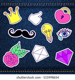 Fashion patch, retro badges with thumb up, heart, diamond, eye, mustache, light bulb, rose, letter, crown over denim jeans texture with strings and seams. Cute stickers, pins for embroidery