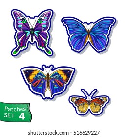 Fashion patch set, badges with Butterflies. This illustration can be used as a print on T-shirts, bags, tattoo, badges or patch Stock line vector illustration.