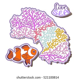 Fashion patch set, badges with fish, shells, corals. This illustration can be used as a print on T-shirts, bags, tattoo, badges or patch. Stock line vector illustration.