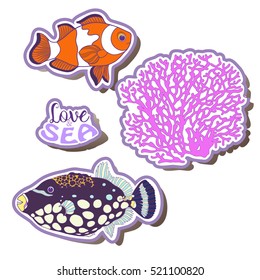 Fashion patch set, badges with fish, shells, corals. This illustration can be used as a print on T-shirts, bags, tattoo, badges or patch. Stock line vector illustration.