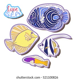 Fashion patch set, badges with fish, shells, corals. This illustration can be used as a print on T-shirts, bags, tattoo, badges or patch. Stock line vector illustration.