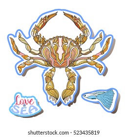 Fashion patch set, badges with fish, shells, corals. This illustration can be used as a print on T-shirts, bags, tattoo, badges or patch. Stock line vector illustration.