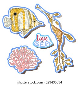 Fashion patch set, badges with fish, shells, corals. This illustration can be used as a print on T-shirts, bags, tattoo, badges or patch. Stock line vector illustration.