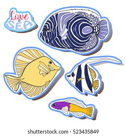 Fashion patch set, badges with fish, shells, corals. This illustration can be used as a print on T-shirts, bags, tattoo, badges or patch. Stock line vector illustration.