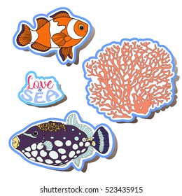 Fashion patch set, badges with fish, shells, corals. This illustration can be used as a print on T-shirts, bags, tattoo, badges or patch. Stock line vector illustration.