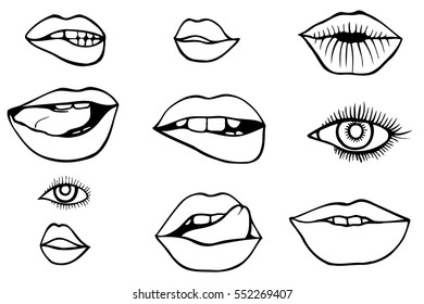 Fashion patch set with lips and eyes. Set of stickers and patches