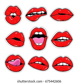 Fashion patch set with lips.Set of stickers and patches in cartoon 80s-90s comic style.Female lips.Woman mouth with a kiss, smile, tongue and teeth. Vector illustration on white background.