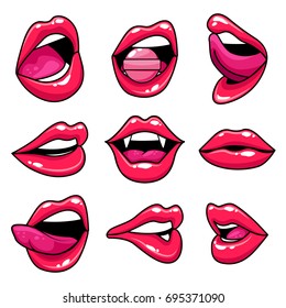 Fashion patch set with lips. Set of stickers and patches in cartoon 80s-90s comic style. Vector illustration on white background.